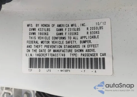 2013 Honda Accord Ex из США, поврежденный, VIN 1HGCR2F77DA027748